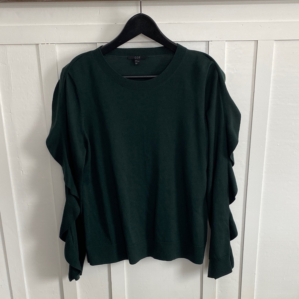 COS Forest Green Statement Ruffle Long Sleeve Top Women’s Size Medium